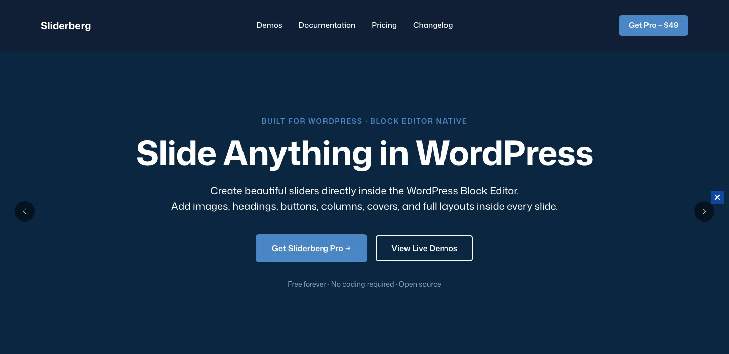 SliderBerg homepage with the Slide Anything in WordPress headline, a live slider demo and the Get SliderBerg Pro button