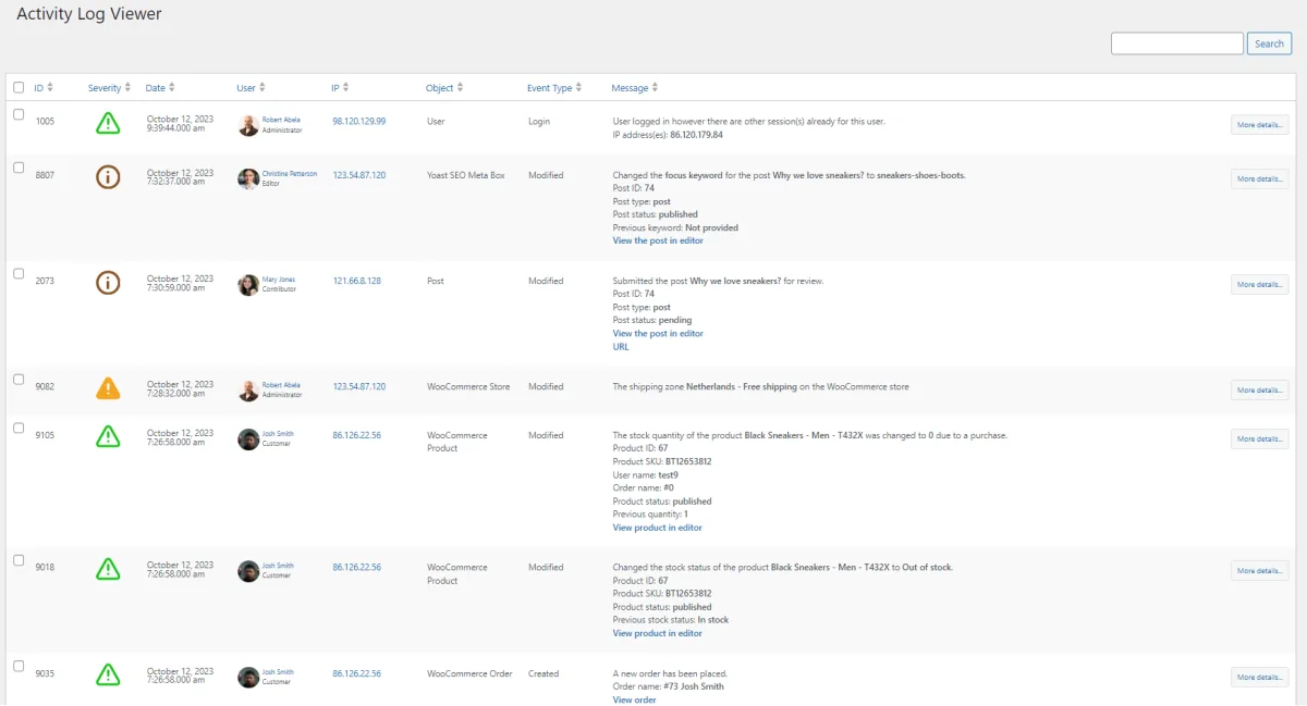 WP Activity Log plugin showing a chronological log of user changes inside WordPress admin