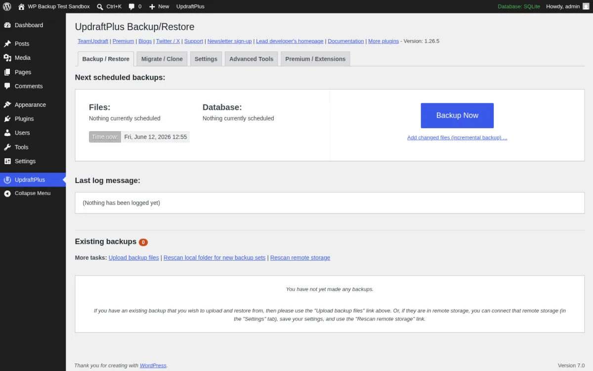 UpdraftPlus 1.26.5 Backup / Restore tab inside a real WordPress install showing the five tabs (Backup / Restore, Migrate / Clone, Settings, Advanced Tools, Premium / Extensions), the Next scheduled backups panel with separate Files and Database rows reporting Nothing currently scheduled, the Time now Fri June 12 2026 12:55 timestamp, the blue Backup Now button with an Add changed files (incremental backup) Premium upsell, the Last log message and Existing backups panels, and the Upload backup files / Rescan local folder / Rescan remote storage More tasks links.