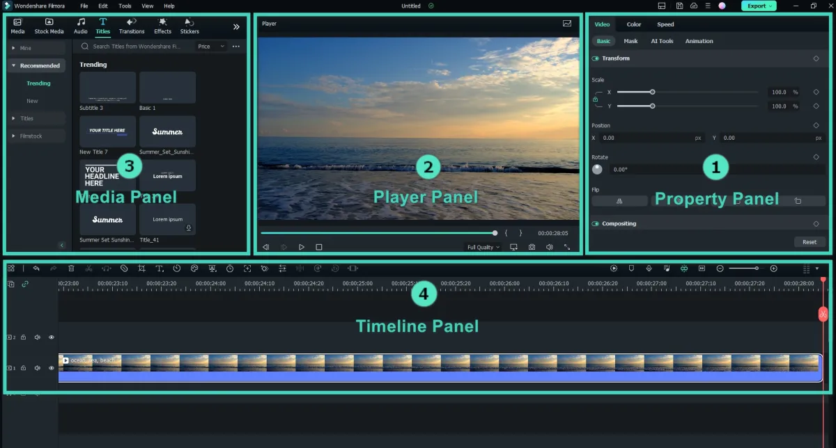 Wondershare Filmora editor UI on Windows with labeled Media Panel, Player Panel, Property Panel, and Timeline Panel showing a beach clip on the timeline