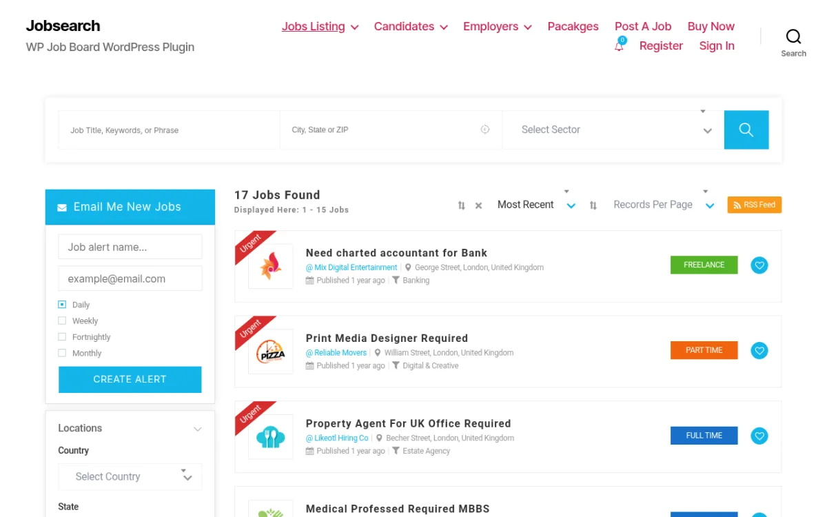 JobSearch WP demo at eyecix.com showing the job listings page with keyword, location, and sector search, job alert subscription sidebar with Daily/Weekly/Fortnightly/Monthly options, and job cards for freelance and part-time roles with employer logos and locations
