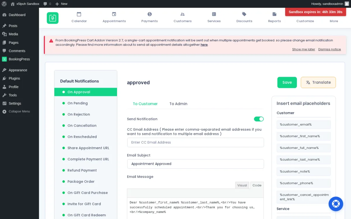 BookingPress Notifications — full template catalog per booking event with named placeholder library