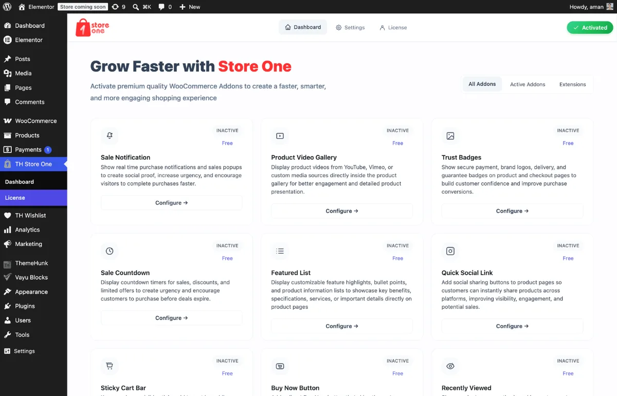 Store One module dashboard inside WordPress admin showing the toggle grid of add-ons including Sticky Cart Bar, Trust Badges, Sale Countdown, Buy Now Button, Product Video Gallery, Sale Notification, Recently Viewed, and Inactive Tab Message, with individual enable and disable controls for each module.