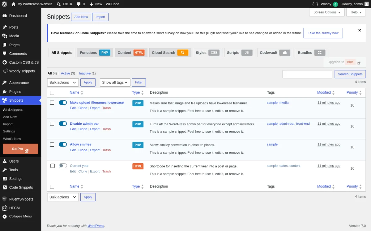Code Snippets 3.9.6 by Code Snippets Pro - Snippets list page inside a real WordPress 7.0 sandbox, showing the scope tabs (All, Functions, Content, Styles PRO, Scripts PRO, Cloud Search, Bundles), three active snippets (Make upload filenames lowercase, Disable admin bar, Allow smilies), the Code Snippets sidebar menu (All Snippets, Add New, Import, Settings, What's New, Go Pro), and the upgrade-to-Pro promo.