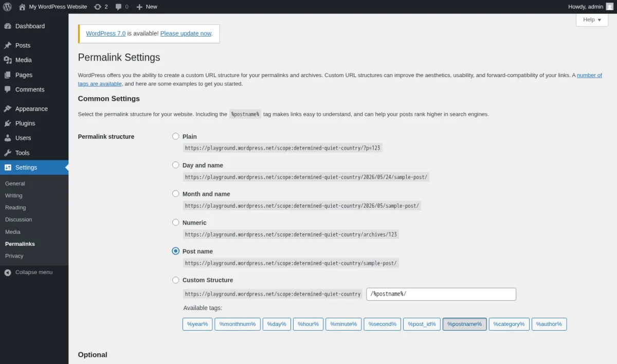 WordPress Permalink Settings screen with the Post name radio option selected and a sample structure shown below the form.