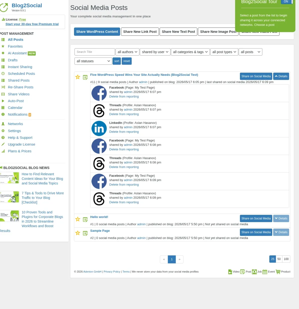 Blog2Social share log showing successful Facebook, LinkedIn, and Threads shares for a published WordPress post
