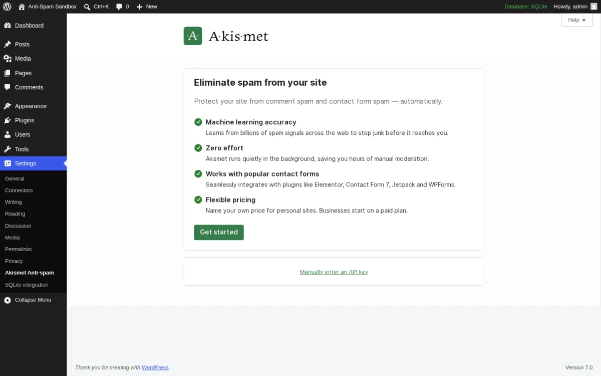 Akismet Anti-spam: Spam Protection 5.7 setup screen inside a real WordPress 7.0 install showing the green Akismet logo, the Eliminate spam from your site heading, the bullet list (Machine learning accuracy that learns from billions of spam signals, Zero effort runs quietly in the background, Works with popular contact forms including Elementor and Contact Form 7 and Jetpack and WPForms, Flexible pricing with name your own price for personal sites), the green Get started button, and the Manually enter an API key link.