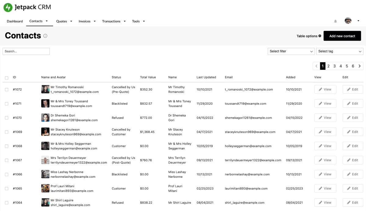 Jetpack CRM contact management screen inside the WordPress admin showing a list of client records