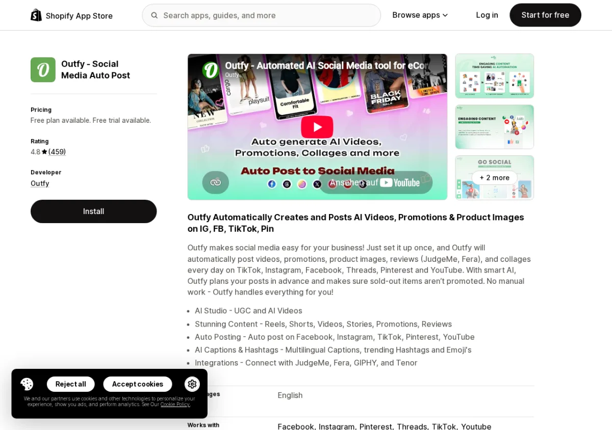Outfy Social Media Auto Post Shopify App Store listing showing the app name, 4.8-star rating, and auto-posting feature screenshots