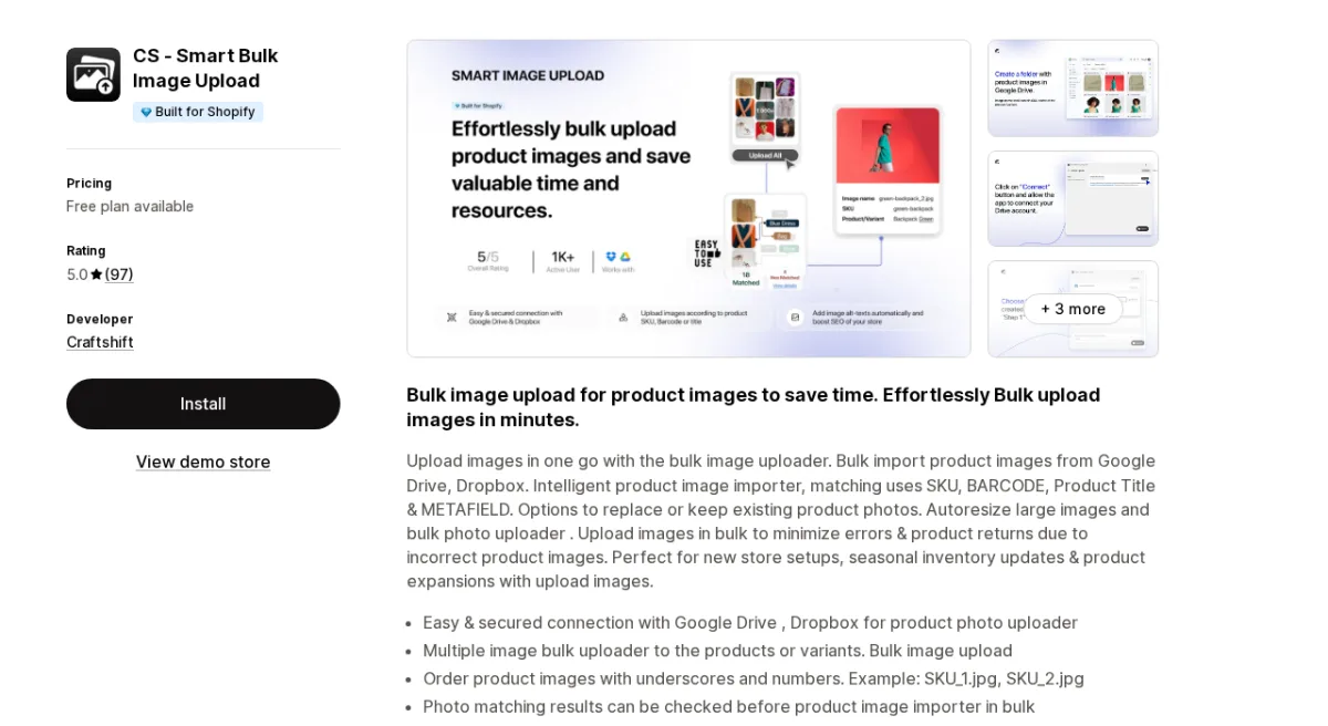 CS - Smart Bulk Image Upload Shopify App Store listing