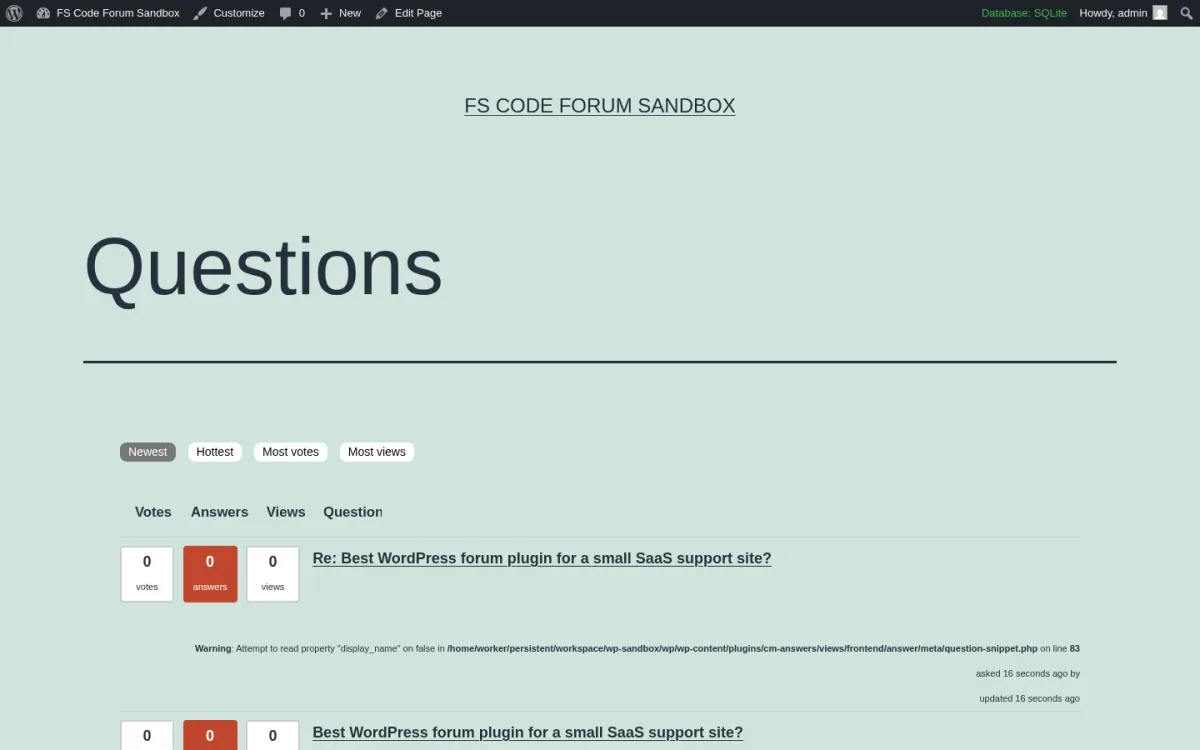 CM Answers 3.4.1 Questions index frontend with sort tabs (Newest, Hottest, Most votes, Most views), Votes Answers Views Question column headers, the seeded question Best WordPress forum plugin for a small SaaS support site? with 0 votes 0 answers 0 views, and the answer row Re: Best WordPress forum plugin for a small SaaS support site? above it.