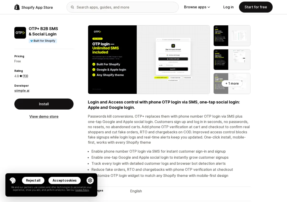 OTP+ B2B SMS and Social Login by siimple.ai Shopify App Store listing showing the app name, 4.8-star rating, and OTP login interface screenshots