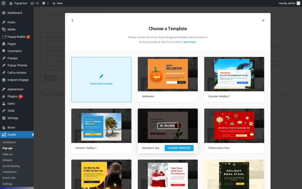 Hustle Choose a Template picker inside a real WordPress install showing the Start From Scratch tile and the free-build template grid with Halloween, Summer Holiday 1, Summer Holiday 2, St Patricks, Chinese New Year, Holiday Snail, Valentines Day and Holiday Deal templates