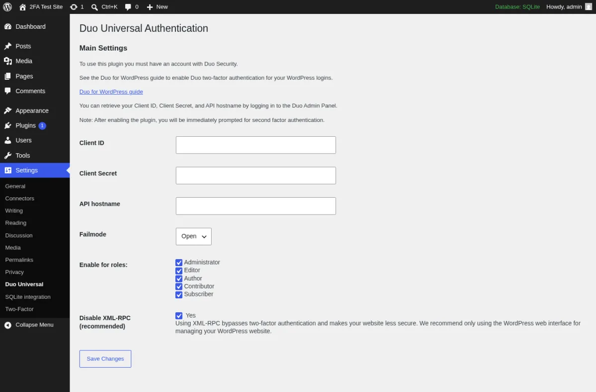 Duo Universal Authentication settings page in WordPress admin showing the Client ID, Client Secret, and API hostname inputs from the Duo Admin Panel, the Failmode Open dropdown, the Enable for roles checklist, and the Disable XML-RPC recommended toggle