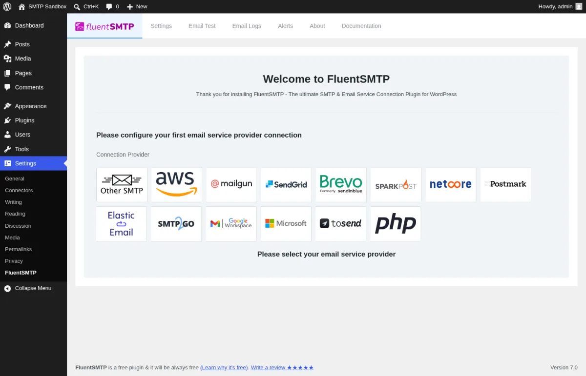 FluentSMTP 2.2.95 Welcome to FluentSMTP connection wizard inside a real WordPress install showing the six top tabs (FluentSMTP brand, Settings, Email Test, Email Logs, Alerts, About, Documentation), the Please configure your first email service provider connection prompt, and the 14-provider tile grid (Other SMTP, AWS Amazon SES, Mailgun, SendGrid, Brevo formerly sendinblue, SparkPost, Netcore, Postmark, Elastic Email, SMTP2GO, Google Workspace, Microsoft, Tosend / Pepipost, and plain PHP).