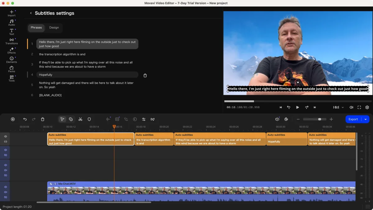 Movavi Video Editor UI on macOS with the Subtitles settings panel, video preview of a speaker, and auto-subtitle clips on a multi-track timeline
