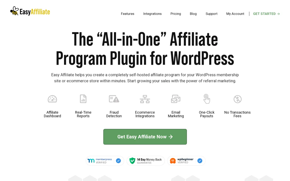 Easy Affiliate WordPress affiliate program plugin homepage in 2026 highlighting affiliate dashboard, real-time reports, and 14-day money back guarantee