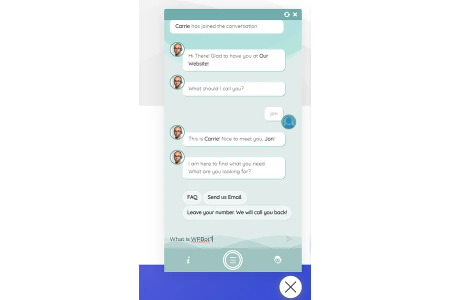 WPBot&rsquo;s chat widget template on a WordPress site