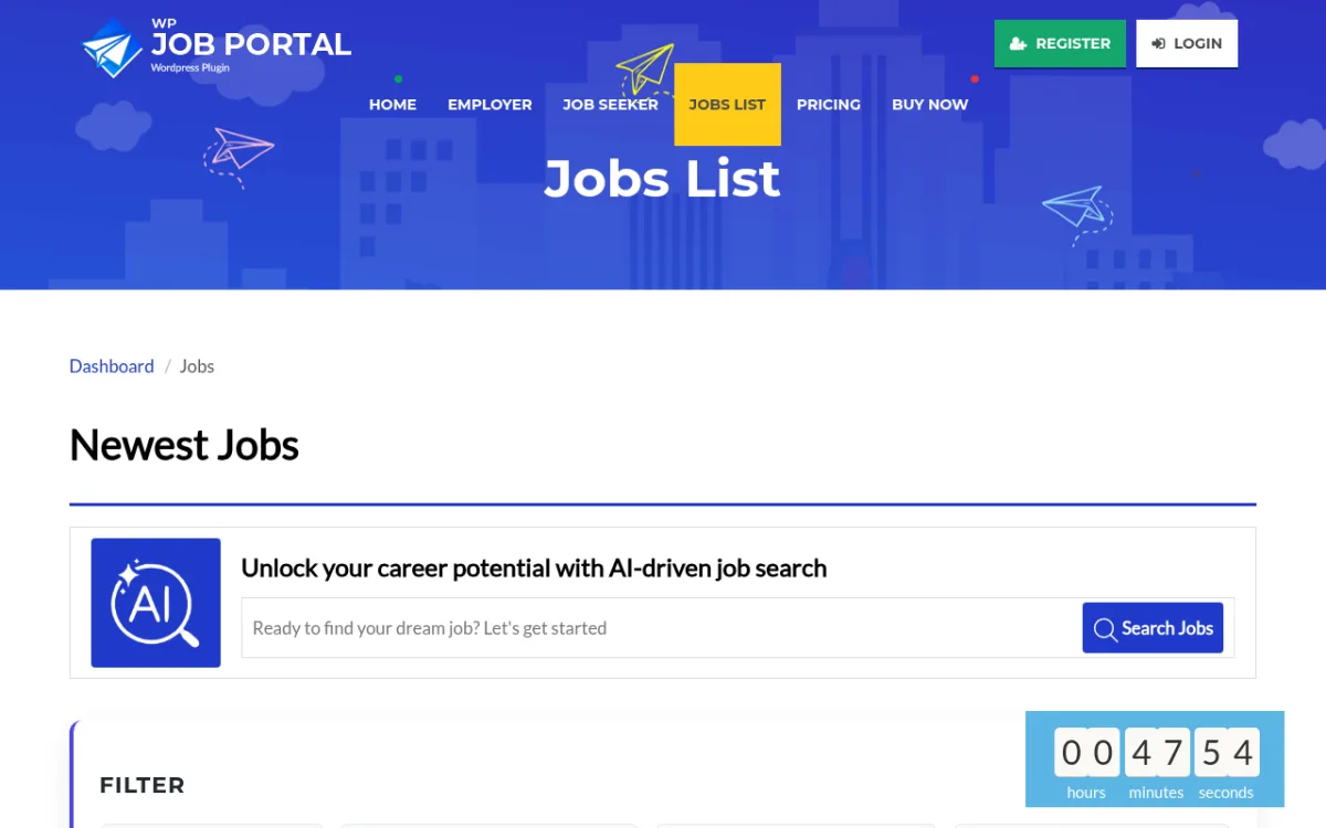 WP Job Portal demo showing the Jobs List page with Employer, Job Seeker, and Jobs List navigation tabs, a Register and Login button, an AI-driven job search bar, and a Filter section