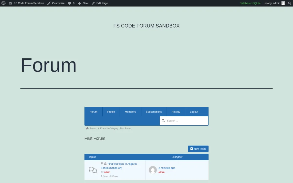 Asgaros Forum 3.4.0 First Forum topic listing on the front-end after the test topic was created, replied to and then marked Sticky plus Closed; the row shows the pin and lock icons next to the title First test topic in Asgaros Forum (hands-on), the topic-author admin avatar, 1 Reply 3 Views, the Last post column with the admin avatar, 2 minutes ago and admin, the Asgaros native nav (Forum, Profile, Members, Subscriptions, Activity, Logout), the New Topic button and the breadcrumb Forum, Example Category, First Forum.