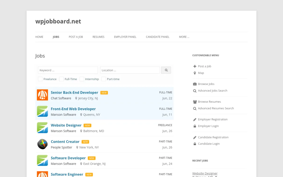 WPJobBoard live frontend demo at demo.wpjobboard.net showing job listings for Back-End Developer, Front-End Developer, and Content Creator, with keyword and location search, job type checkboxes, and a right sidebar for employer/candidate navigation