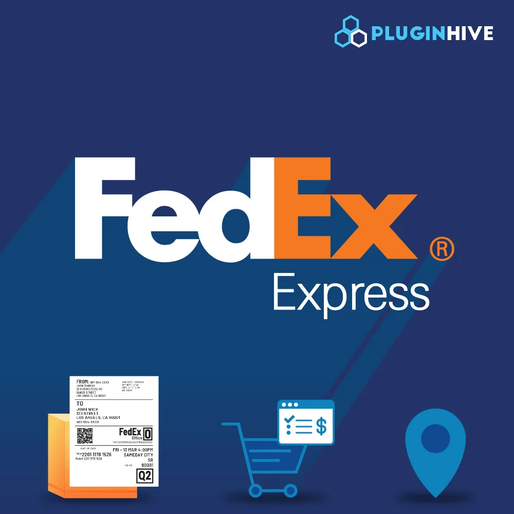 FedEx Shipping Plugin for WooCommerce with Print Label interface showing WooCommerce FedEx shipping integration with real-time rate calculation and label generation features from PluginHive
