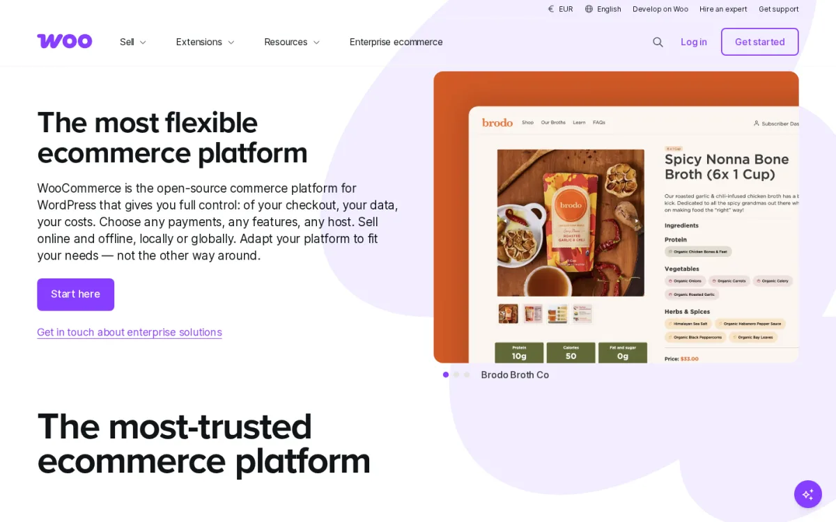 WooCommerce 2026 homepage showing the open-source WordPress ecommerce platform positioning, a Brodo Bone Broth example product card, and the Start here primary call to action