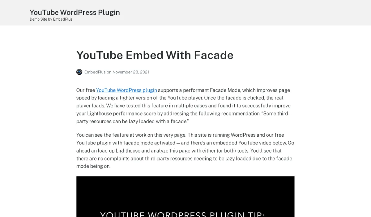 EmbedPlus YouTube Embed With Facade demo page on a live WordPress site, showing how the facade lazy-load mode replaces a normal embed until clicked