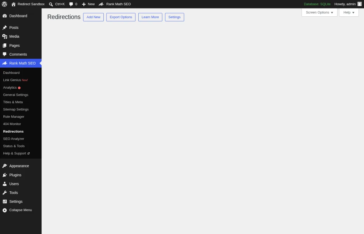 Rank Math Redirections admin page showing the action buttons and sidebar with Redirections and 404 Monitor enabled