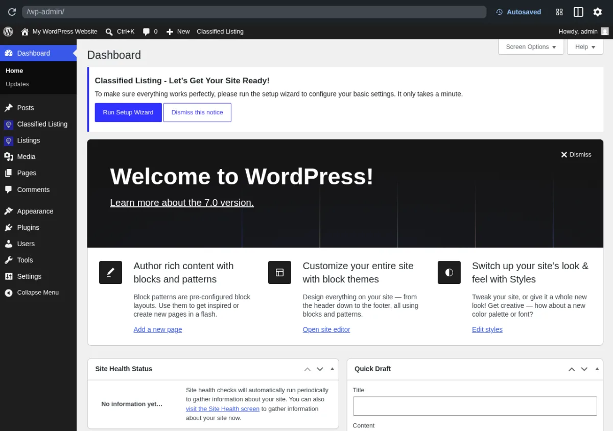 WordPress admin dashboard after Classified Listing installation showing the setup wizard notice, the Classified Listing top-level admin menu, and the Listings menu entry on a clean WordPress sandbox