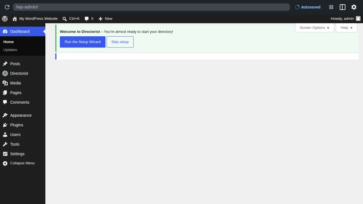 WordPress admin dashboard showing the Directorist menu after installation, with All Listings, Add New Listing, Categories, Locations, Directory Builder, Reviews, Settings, Tools, and Themes and Extensions