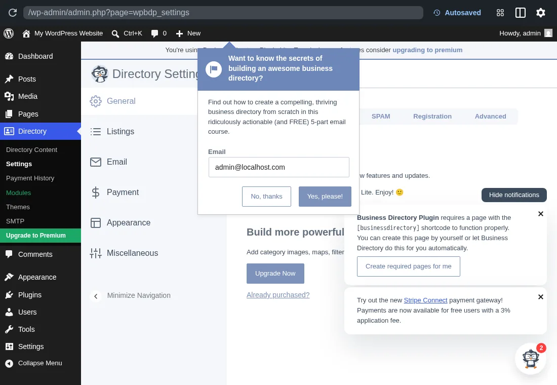 Business Directory Plugin Lite settings screen showing the Lite license state, required shortcode-page notice, Stripe Connect availability for free users with a 3% application fee, and the Directory admin menu