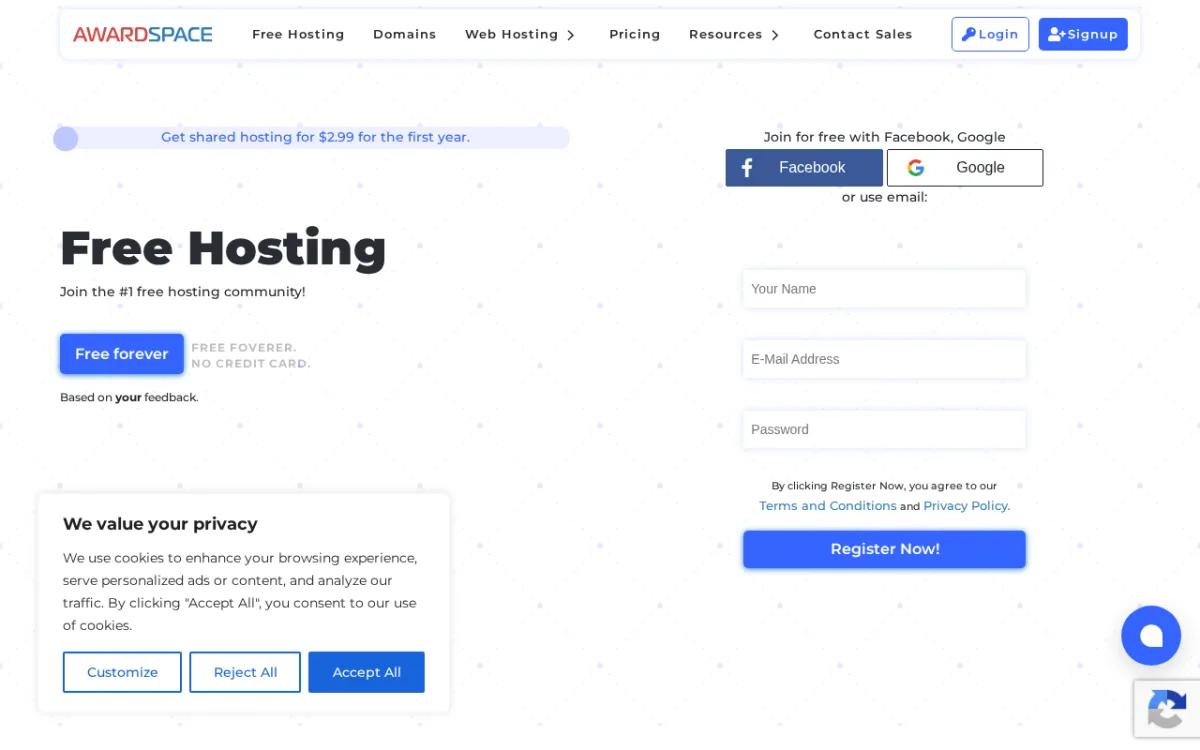 AwardSpace Free Web Hosting page showing 4 websites, 5 GB monthly traffic, 99.9% uptime, ad-free hosting with a WordPress one-click installer.