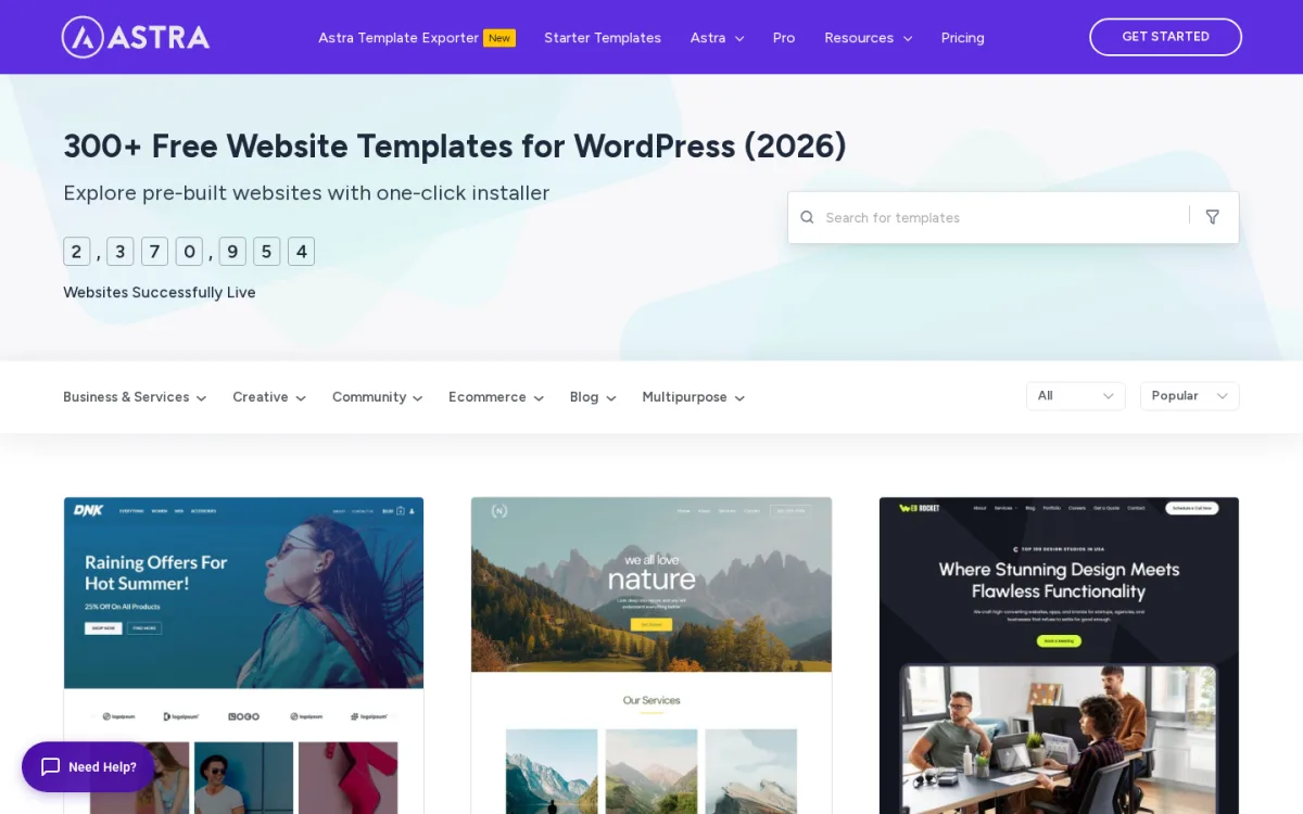 Astra Starter Templates library showing 300+ free website templates for WordPress with the live install counter and category filters, captured 2026-05-24