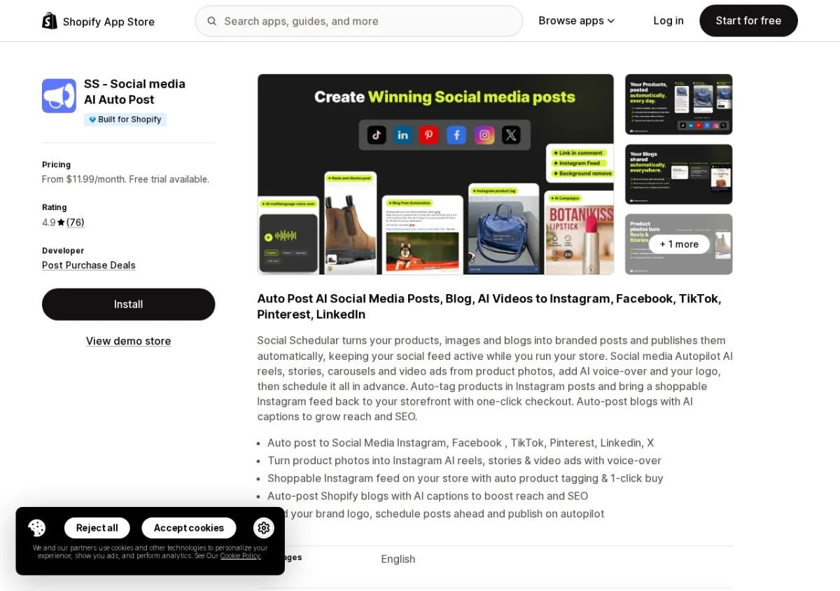 SS Social Media AI Auto Post Shopify App Store listing showing the app name, 4.9-star rating, and auto-posting feature screenshots