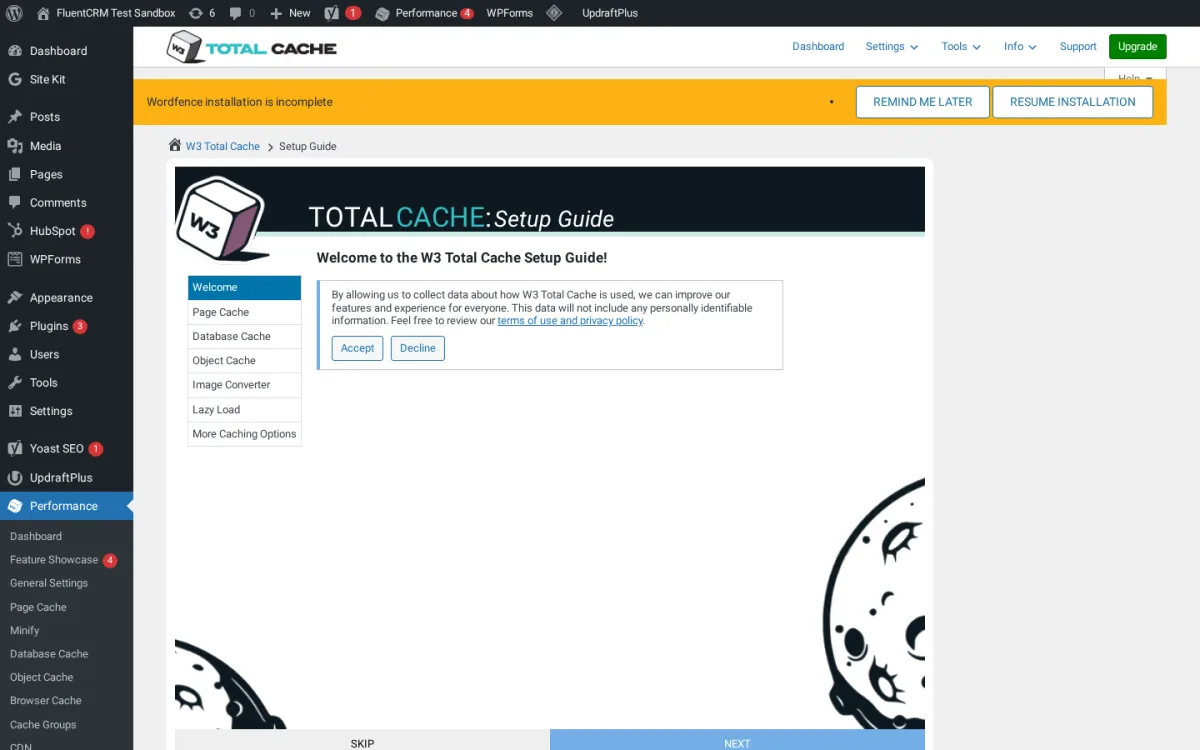 W3 Total Cache setup guide in WordPress admin showing the welcome screen and the Page Cache, Database Cache, Object Cache, Image Converter, and Lazy Load steps.