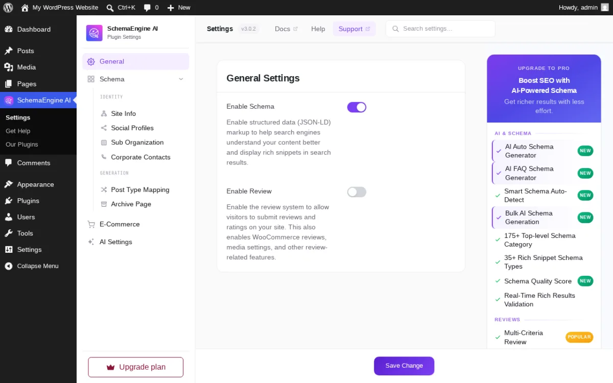 Schema Engine AI v3.0.2 by RadiusTheme inside a real clean WordPress 7.0 sandbox showing the General Settings page under the SchemaEngine AI top-level menu, the v3.0.2 version badge plus Docs / Help / Support tabs, the General sub-section with Enable Schema (JSON-LD) toggle on and Enable Review toggle, the Identity sub-nav (Site Info, Social Profiles, Sub Organization, Corporate Contacts), the Generation sub-nav (Post Type Mapping, Archive Page), E-Commerce and AI Settings entries, plus the Upgrade to Pro right rail listing AI Auto Schema Generator NEW, AI FAQ Generator NEW, Smart Schema Auto-Detect, Bulk AI Schema Generation NEW, 175+ Top-level Schema Category, 35+ Rich Snippet Schema Types, Schema Quality Score, Real-Time Rich Results Validation and Multi-Criteria Review POPULAR.