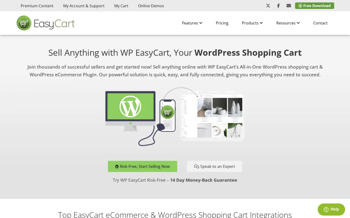 WP EasyCart 2026 homepage showing the Sell Anything with WP EasyCart, Your WordPress Shopping Cart headline, the all-in-one WordPress shopping cart and WordPress ecommerce plugin positioning, and the Risk-Free, Start Selling Now call to action with 14-day money back guarantee