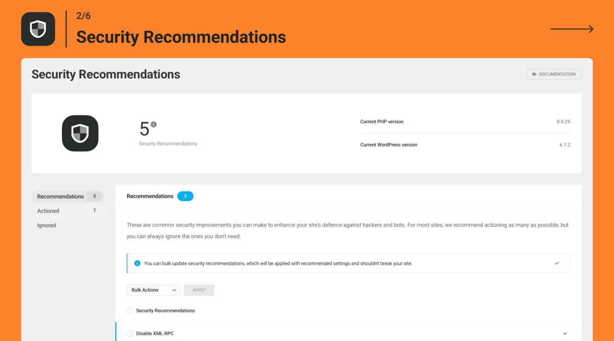 Defender Security plugin WordPress admin dashboard showing the security recommendations, scan, and 2FA modules