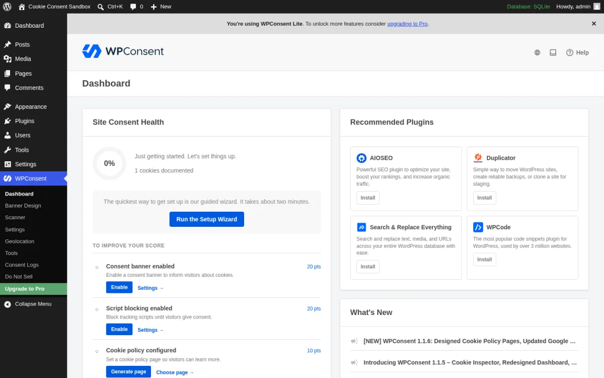 WPConsent dashboard inside WordPress admin showing banner design, scanner, settings, geolocation, tools, consent logs and Do Not Sell sections