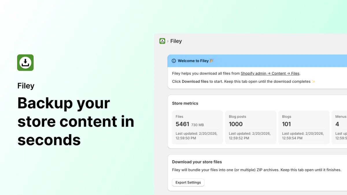 Filey app homepage dashboard showing export options for product media, files, blogs, pages, and menus