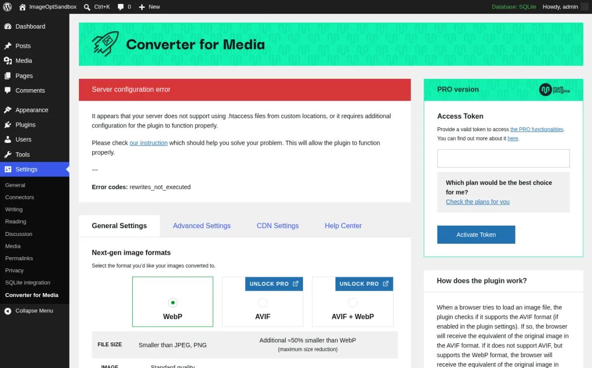Converter for Media settings page inside a real WordPress install showing the Converter for Media header, the Server configuration error notice with the Server configuration link and Error codes rewrites_not_executed message, the PRO version Access Token sidebar with the Which compressor would be the best choice question and the Activate Token button, the General Settings Advanced Settings CDN Settings Help Center tab strip, and the Next-gen image formats selector showing WebP, AVIF, AVIF + WebP options with UNLOCK PRO badges.