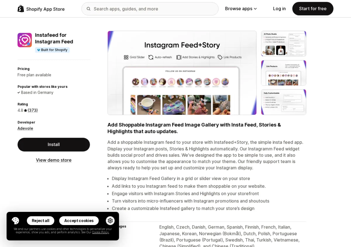 Instafeed for Instagram Feed by Adevole Shopify App Store listing showing the app name, 4.8-star rating, and Stories display screenshots
