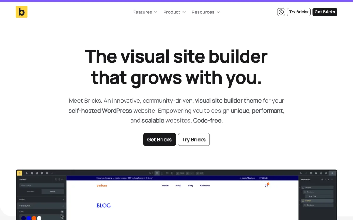 Bricks Builder visual site builder for WordPress homepage in 2026
