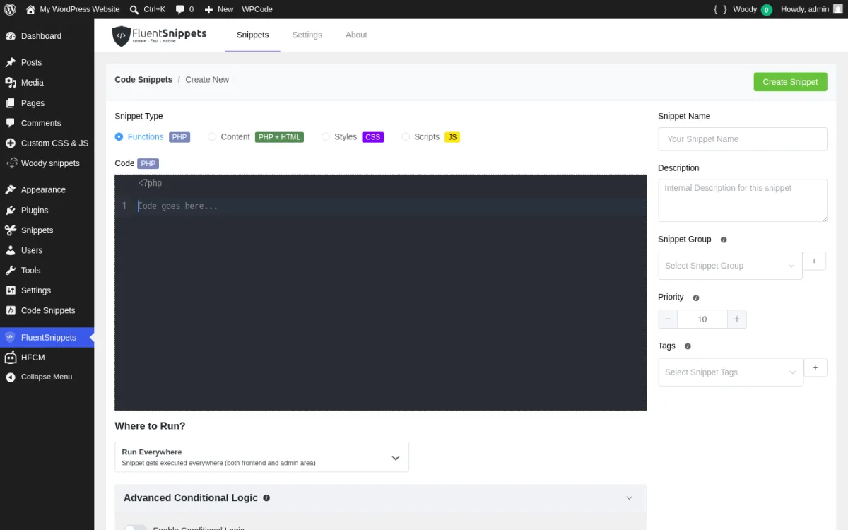 FluentSnippets 10.53 New Snippet editor inside a real WordPress 7.0 sandbox, showing the four Snippet Type cards (Functions PHP, Content PHP+HTML, Styles CSS, Scripts JS) with coloured language badges, the PHP CodeMirror editor pre-seeded with the <?php opening tag, the Where to Run picker defaulted to Run Everywhere, the Advanced Conditional Logic toggle, and the right-side Snippet Name / Description / Snippet Group / Priority / Tags fields.