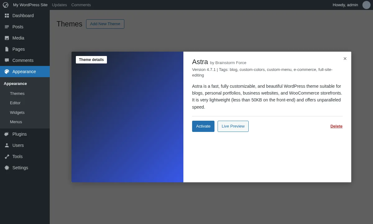 WordPress 7.0 theme details popup with the Delete link in the bottom-right corner of the dialog